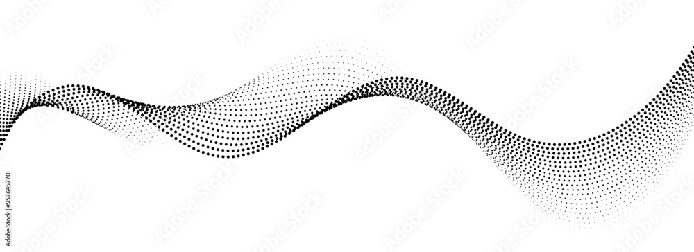 Poster Dotted wavy line background. Black halftone undulate pattern. Abstract particle flow wave wallpaper. Curved dashed gradient net element for poser, banner design, presentation, booklet, flyer. Vector