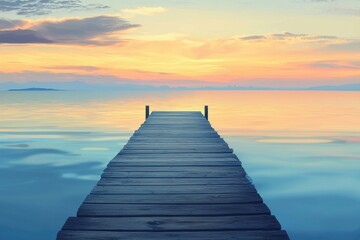 Naklejka premium Serene wooden pier extending into tranquil waters at sunset, ideal for conveying peace, beauty, and nature's elegance.