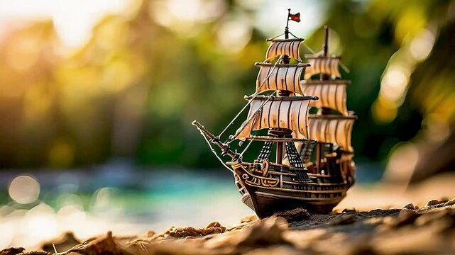 a toy pirate ship  on  the beach