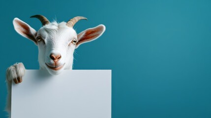 A goat holding a blank white sign against a blue background. Perfect for advertisements, announcements, and creative ideas.