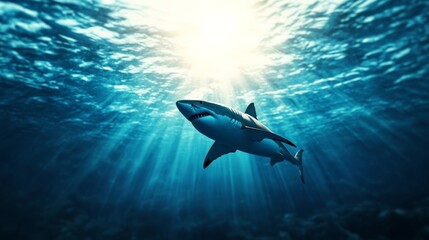 Fototapeta premium A great white shark swimming majestically in the ocean, illuminated by sunlight filtering through the water's surface.