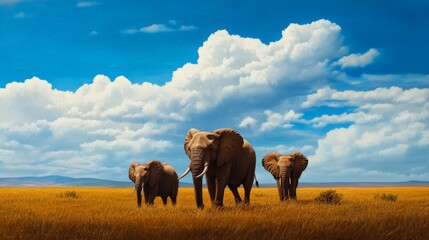 Fototapeta premium A herd of elephants stands in a golden savannah under a vibrant blue sky with fluffy clouds. Beautiful wild animals in their natural habitat.