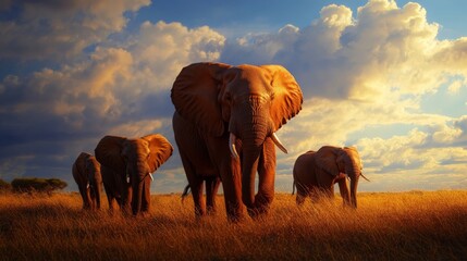 Fototapeta premium A herd of elephants walking through a grassy field during sunset, with dramatic skies in the background, showcasing the beauty of wildlife.