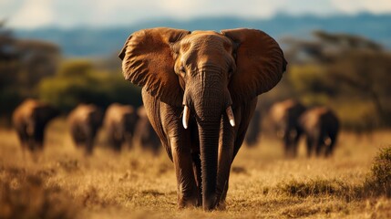 A majestic elephant leading its herd across the African savanna during a golden sunset, showcasing the beauty and serenity of wildlife. © arhendrix