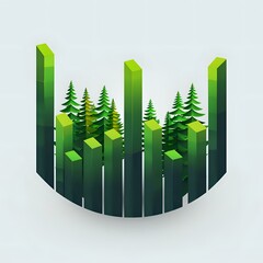 Abstract illustration of a forest with geometric trees and rising green bars, symbolizing growth and sustainability. Ideal for themes of ecology, environment, and data visualization.