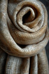 Fototapeta premium A close-up of a beige, textured fabric rolled into a spiral, showcasing intricate woven details. Perfect for textile design, fashion projects, and fabric-related artwork.