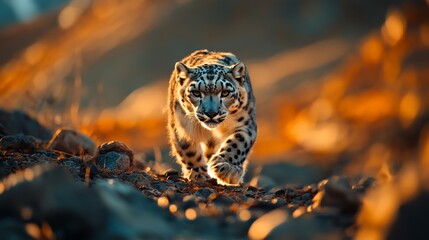 Fototapeta premium A majestic snow leopard walks down a rocky path in its natural habitat, beautifully captured in warm, golden sunlight.