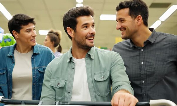 German Man with Coworkers Shopping in Grocery Store