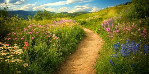 A scenic nature trail with blooming wildflowers and chirping birds. A quaint dirt path winding through a field of colorful flowers 