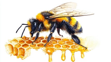 A vibrant bee perched on a honeycomb, showcasing intricate details of nature and pollination, ideal for educational and ecological themes.