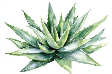 Fototapeta premium Colorful watercolor illustration of an agave plant with vibrant green leaves, perfect for nature-themed artworks and designs.