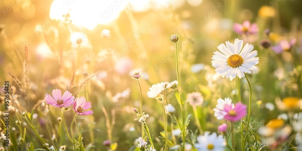 Poster A field of wildflowers basking in the suns glow, showcasing the natural beauty of various medicinal plant species in full bloom. 