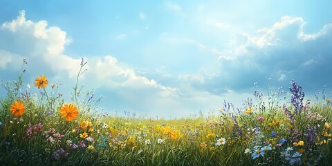 painting of a field of wildflowers with a sky background