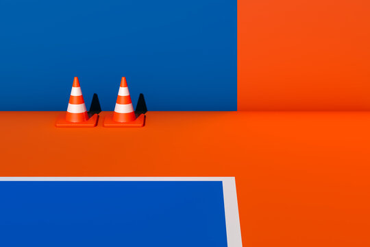 Traffic cones on blue and orange floor