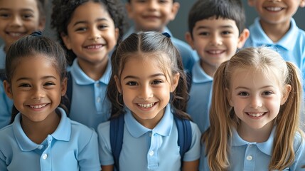 School Picture Day. Portrait of adorable diverse elementary students in classroom. Cute different ethenic schollgirls classmates wearing classic school uniforms