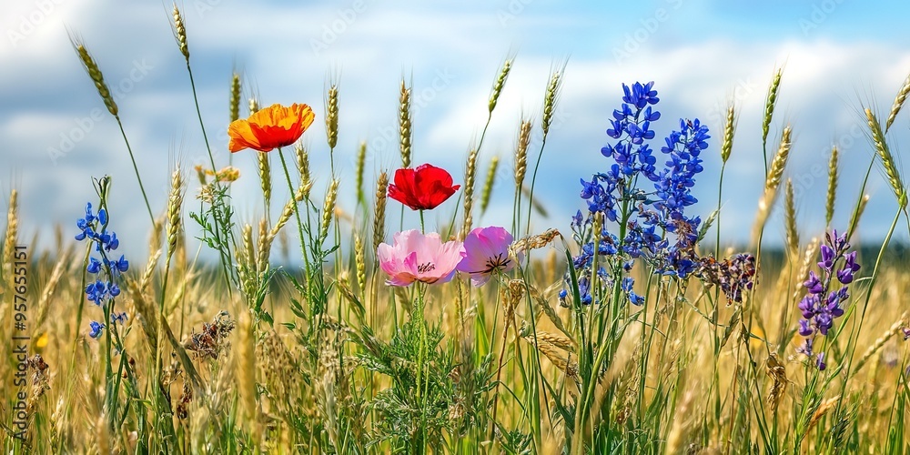 Sticker Wild flowers in a wheat field 