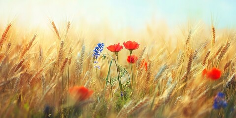 Fototapeta premium Wild flowers in a wheat field 
