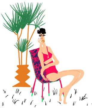 Fashion illustration  of a sitting girl with a palm tree