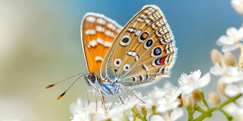 Obraz premium Close-up of a butterflys wings and antennae as it feeds on a white wildflower 