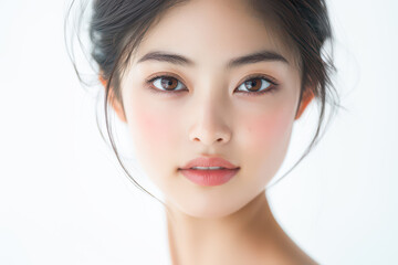 Fototapeta premium A close-up portrait of an Asian woman with soft, natural makeup, emphasizing her smooth skin, elegant features, and captivating eyes. The image conveys a gentle, soft atmosphere, set against a white b