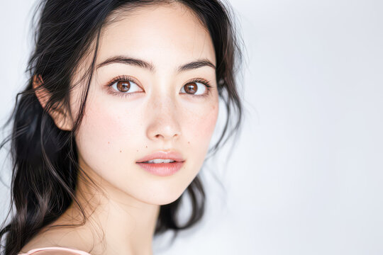 A close-up of a young Asian woman, likely Japanese, with flawless skin, natural makeup, and captivating eyes. Her translucent complexion and subtle beauty mark are highlighted, with a small copy space