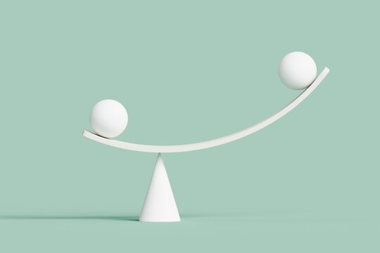 Minimalist Illustration of White Spheres in Balance on a Curved Surfac