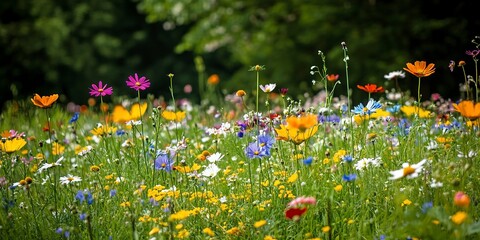 A field of wildflowers in a natural setting, with a mix of colors creating a lively and harmonious scene 