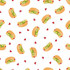 Seamless pattern with hot dogs and hearts. On a white background. Fast food. Vector hand-drawn illustration.
