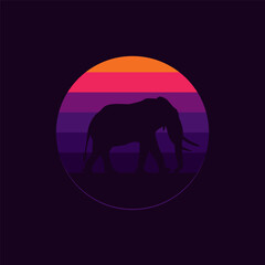 Silhouette of an elephant against a striped retro sunset. Original vector illustration in vintage style isolated on black background. T-shirt design.