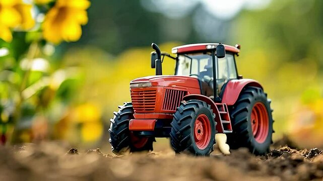 a toy tractor in a field