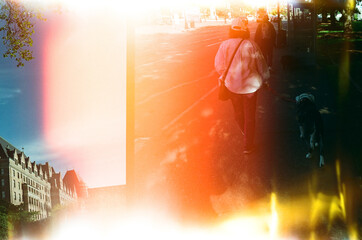 Vintage Film Overlay of Urban Walking Scene with Dog