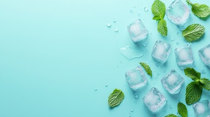 Background image with ice cubes and mint leaves with a place for the inscription