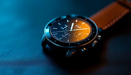 Close-up of a Modern Smartwatch with a Brown Leather Strap