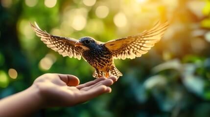 Fototapeta premium A small bird landing on an outstretched hand in a lush green forest, illuminated by warm sunlight filtering through the trees.