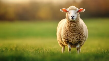 Fototapeta premium A solitary sheep standing in a lush green field with blurred trees in the background during a clear day.