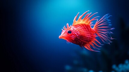 Fototapeta premium A striking red tropical fish swimming in deep blue water, showcasing vibrant colors and delicate fins in a serene underwater scene.