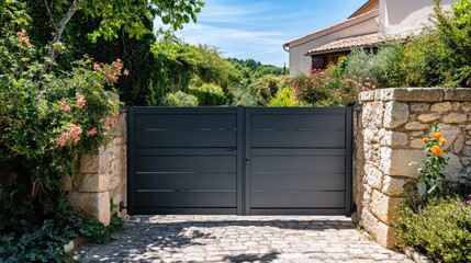 Modern Gray Gate Surrounded by Lush Greenery and Stone Walls