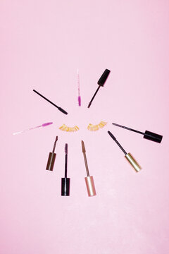 Long beauty lashes and different makeup mascaras and hard flashlight