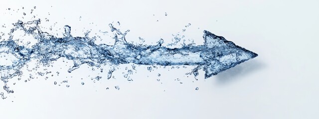 Water Arrow: A dynamic, abstract image of a water-shaped arrow soaring through the air. The arrow is formed by a stream of water, creating a sense of motion and direction. The white background highlig