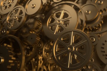 3d render of many golden gears working together.