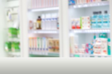 Empty white table top in pharmacy drugstore