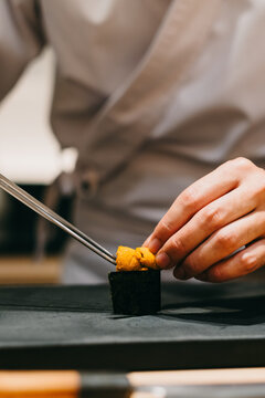 Sushi Chef Preps for Omakase Meal