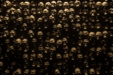 3d render of ancient human skulls and bones stacked in catacombs