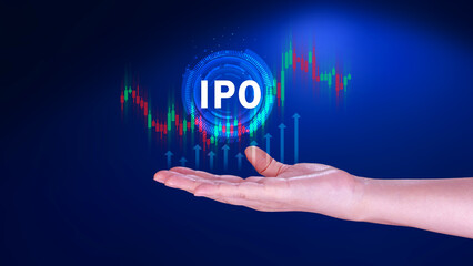 IPO, Initial public offering concept, Businessman with virtual IPO word with stock graph for boosting the growth by IPO process.