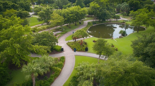 Aerial View of a Lush Park with a Pond