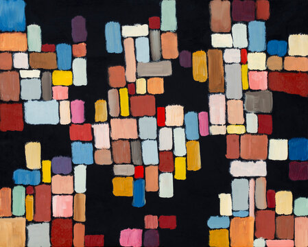 An irregular array of colored rectangles on black