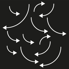 Curved arrows pattern. White arrows on black. Dynamic vector background. Repeating abstract design.
