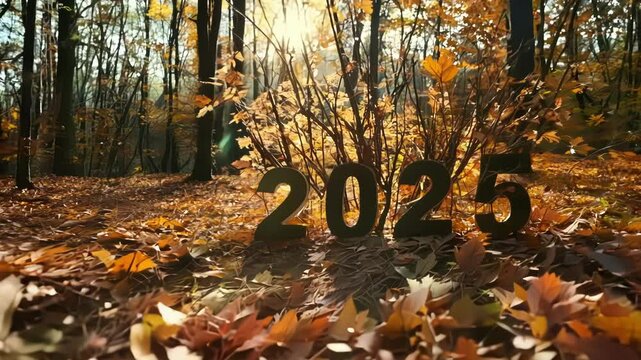 New year celebration: A closeup shot of a leafcovered path ting through the autumn forest with the year 2025 delicately spelled out in twigs and branches. 