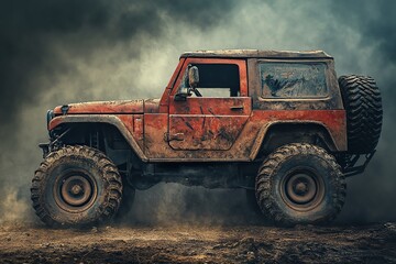 Obraz premium Mud-Covered Off-Road Vehicle Driving Through Dust