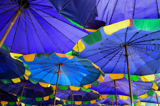 Blue patio umbrellas